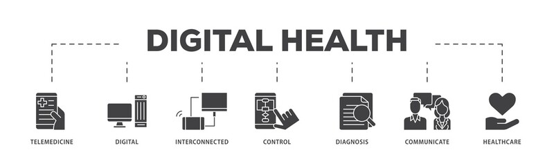 Digital health icon infographic illustration concept with icon of e health, telemedicine, interconnected, smartwatch, diagnosis, email, and medical app icon png and easy to edit 