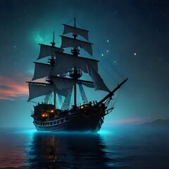 Fototapeta premium ship in the sea in night with shine star in the sky