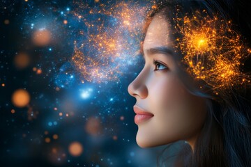 Profile of a Woman with Glowing Neural Connections Representing Cognitive Power Neural Activity and the Radiance of Thought in a Dark Luminous Setting
