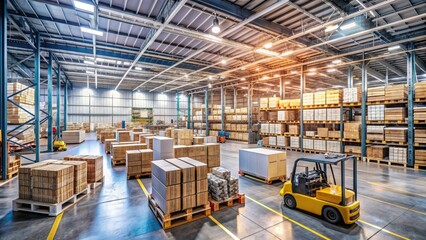 A sprawling warehouse interior with crates, pallets, and forklifts in motion, conveying a sense of ambitious growth and efficient logistics operations in a fast-paced industry.