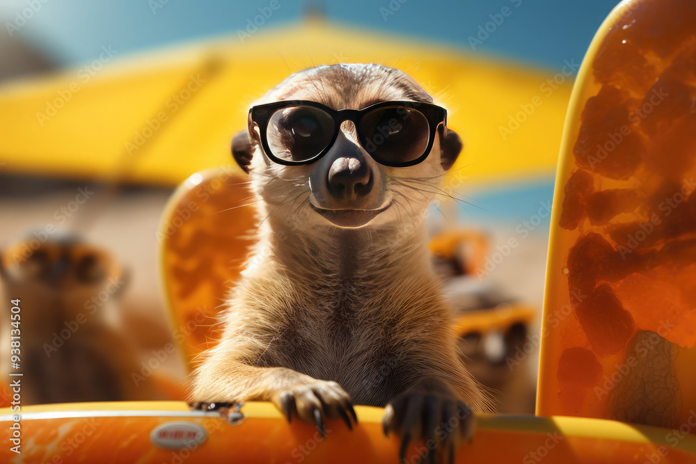 Wall mural A stylish meerkat in sunglasses relaxes on a sunny beach with orange sun loungers, adding humor to the serene atmosphere. Humorous, funny photo, meme