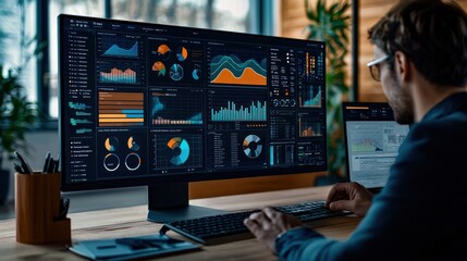 A modern workspace features a large screen displaying an interactive data visualization dashboard with complex charts, graphs, and maps. 