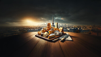 Indulge in a gourmet French cheese platter featuring a selection of iconic cheeses, set against the stunning backdrop of the Paris skyline and the Eiffel Tower. A celebration of French culinary art