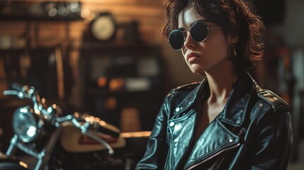 Stylish woman in sunglasses and leather jacket sitting on motorcycle in garage with blurred background.