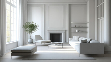  elegant white living room with classic design elements and modern furniture