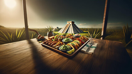 Experience an authentic Mexican feast with traditional tacos, salsas, and guacamole, set against the stunning backdrop of Chichén Itzá. A true celebration of Mexican culture and cuisine 