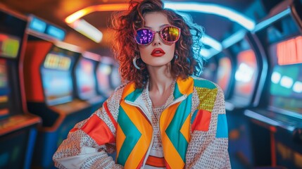 Obraz premium Stylish woman in colorful retro outfit and sunglasses posing confidently in a vibrant futuristic arcade setting with neon lights.