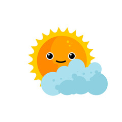 cute orange sun with cloud in kawaii style, sunshine - vector illustration