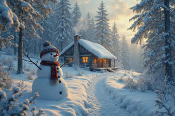 A snowy winter wonderland with a wooden chalet and a snowman - AI generated