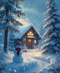 Fototapeta premium A snowy winter wonderland with a wooden chalet and a snowman - AI generated