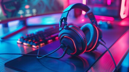 Isolated gaming headset on a digital gaming setup background.