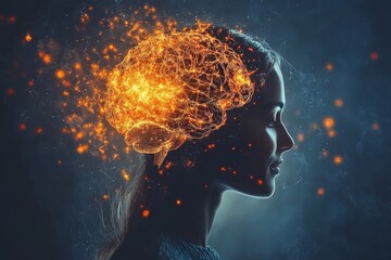 Profile of a Woman with a Glowing Brain Representing Cognitive Power Neural Activity and the Strength of Thought in a Dark Luminous Setting