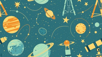 Colorful seamless pattern with planets, stars and telescopes. Perfect for space exploration, astronomy, and science projects.