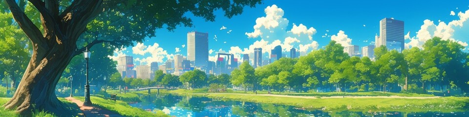 Obraz premium Serene Urban Oasis: Anime-Style City Park with Lush Trees, Winding Paths, and Gentle Streams. Modern Skyline Backdrop Blends Nature and Commerce. Perfect for Lifestyle Marketing, Travel Concepts, and 