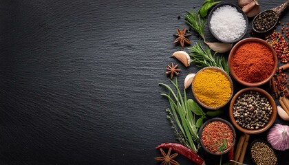 Assortment of Colorful Spices and Herbs on Dark Slate Backdrop with Copy Space