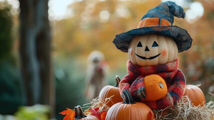 Naklejka premium A stack of pumpkins next to a scarecrow dressed in autumn attire, capturing the essence of fall.