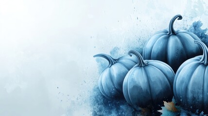 Artistic gray pumpkins with blue highlights, set against an abstract, wintery background, blending autumn and winter themes.