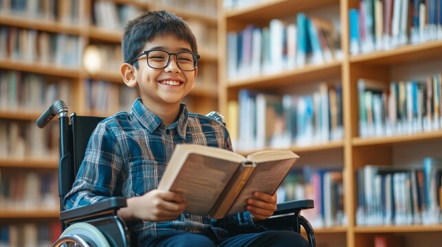 Smiling young boy in a wheelchair reading a book in a library, surrounded by shelves filled with books, promoting inclusivity and education. - Powered by Adobe