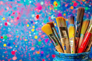 Colorful Art Brushes in a Vibrant Container on an Abstract Background
