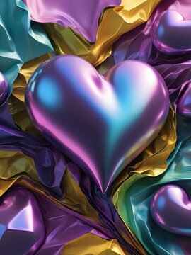 3d hologram hearts, metallic realistic icons of love symbols, High quality romantic digital art.
