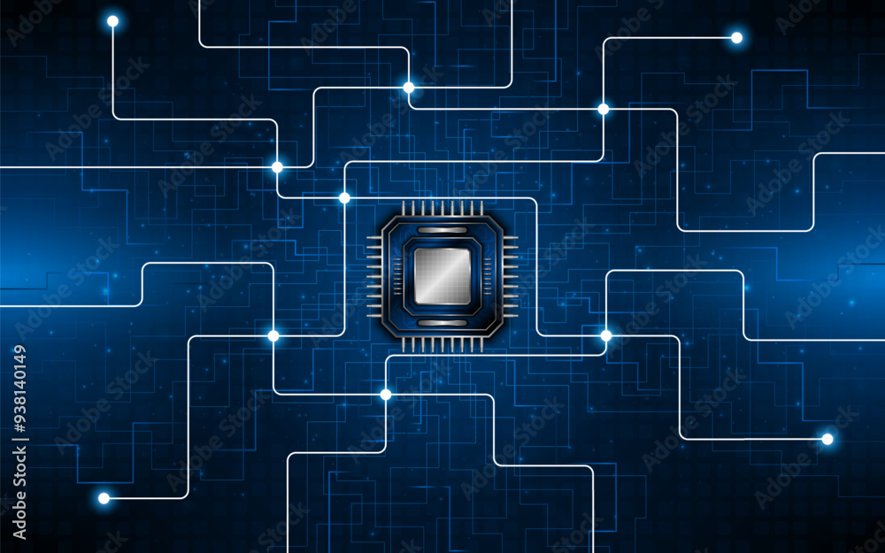 Fototapete Microchip processor circuit board technology on dark blue background. Information Processing Concept. Circuit board hi-tech technology background. vector illustration	