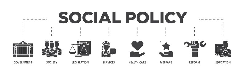 Social policy icon infographic illustration concept with icon of education, reform, services, welfare, health care ,legislation, society, government icon png and easy to edit 