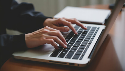 A person's hands typing on a laptop keyboard