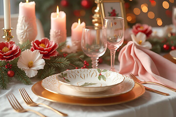 Beautiful christmas dinner table in pink and white - AI generated