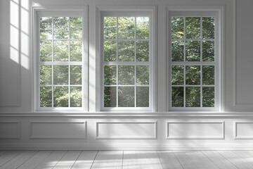 Fototapeta premium Spacious Unfurnished Room with Large Windows and Herringbone Floors