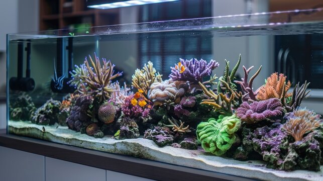 Vibrant saltwater coral reef aquarium with colorful corals and fish. Home hobby, marine life, and ocean conservation concept.