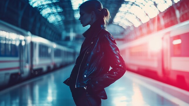 Silhouette of a woman in a train station at night, illuminated by vibrant lights, awaiting her train. Urban travel concept.