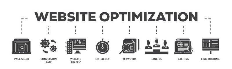 Website optimization icon infographic illustration concept with icon of page speed, conversion rate, website traffic, efficiency, keywords, ranking, caching  icon png and easy to edit  © AFD