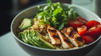 A vibrant health-conscious lunch bowl with quinoa, grilled chicken, fresh greens, and avocado, arranged in an aesthetically 