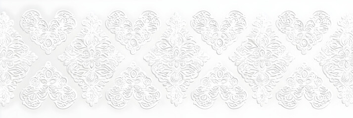 A flat vector illustration background of a seamless lace pattern on white cotton fabric, incorporating vintage lace motifs, ornate details, interwoven patterns, delicate and elegant