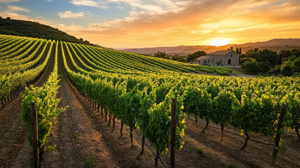 vibrant vineyard under fiery sunset skies, idyllic rural landscape