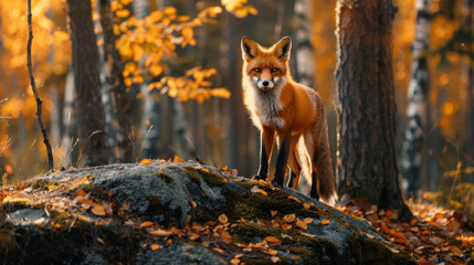 A red fox in an autumn forest, standing on a moss-covered rock, with fallen leaves surrounding it