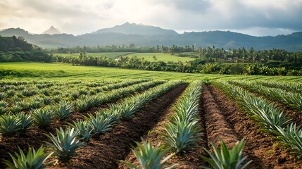 Lush pineapple plantation with neat rows of fresh green pineapple plants growing in a sprawling agricultural field  The tropical fruit plantation stretches across the fertile sunlit landscape