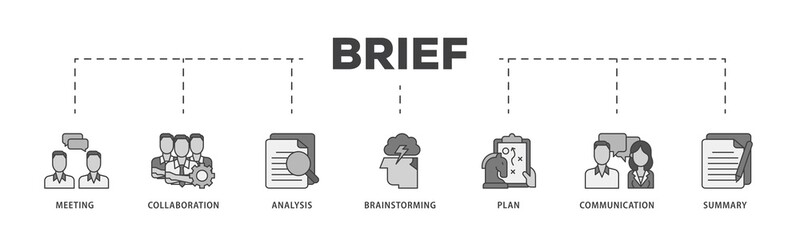 Brief icon infographic illustration concept with icon of meeting, collaboration, analysis, brainstorming, plan, communication, and summary icon png and easy to edit 