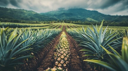 Lush and Verdant Pineapple Plantation with Rows of Ripe Tropical Fruit Growing in a Scenic Outdoor Agricultural Setting