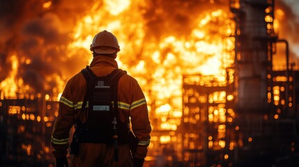 Naklejka premium Firefighter Facing a Blazing Inferno