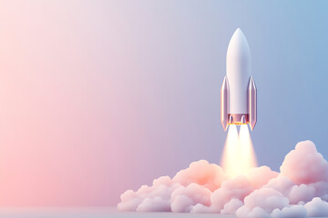Obraz premium A sleek rocket launches into a pastel sky, surrounded by fluffy clouds, symbolizing exploration and innovation.
