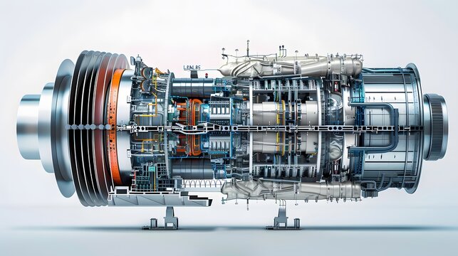 A cross-section view of a natural gas turbine showcasing internal components 