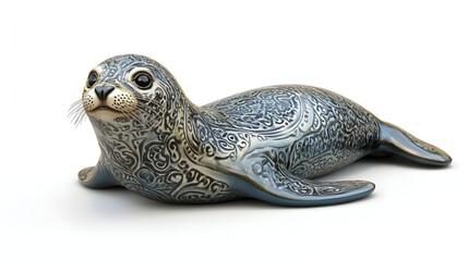 Naklejka premium 24. **A lifelike 3D render of a ceramic tile art showcasing a playful seal with detailed patterns and textures, isolated on a white background