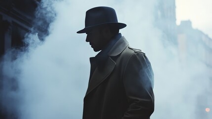 Mysterious silhouette of a man in a hat and trench coat in a foggy urban setting, evoking a noir atmosphere.