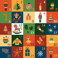 Cute nutcracker christmas advent calendar design. Colorful  illustration, background for calendar, wall decor, card, banner etc.