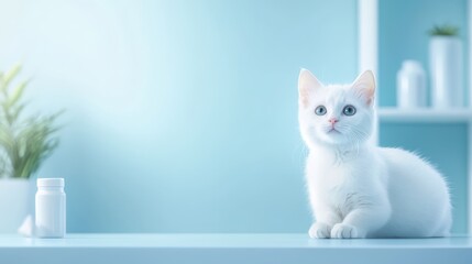 Adorable White Kitten on Blue Background with Medicine Bottle