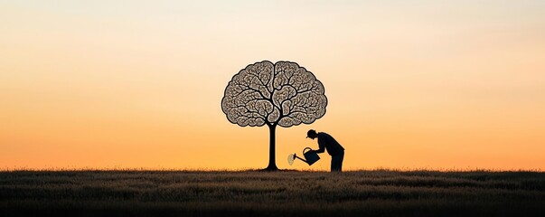 Silhouette of a man watering a brain-shaped tree, symbolizing intellectual growth and nurturing creativity at sunset