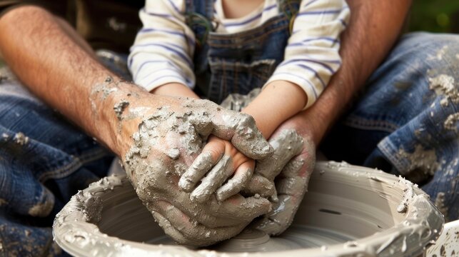 Father and Son Bonding Over Pottery. Hands Covered in Clay Shaping Future Creations