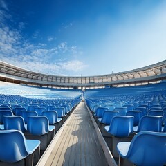 Obraz premium blue tribunes. seats of tribune on sport stadium. empty outdoor arena. concept of fans. chairs for audience. cultural environment concept. color and symmetry