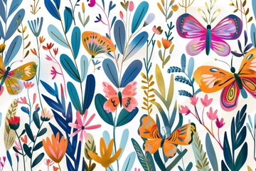 Abstract boho botanical floral pattern design with colorful wildflowers, intricate leaves, and radiant butterflies, illustrated on a white background